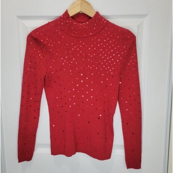 MERCER STREET STUDIO Red Sequin Mock Neck Sweater - Picture 1 of 8